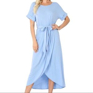 Zenana Sky Blue Tie Waist Tulip Dress
